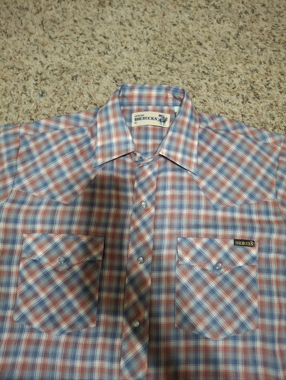 ROEBUCKS Men’s Red & Blue Plaid Western Shirt With Pearl Snaps. Vintage.